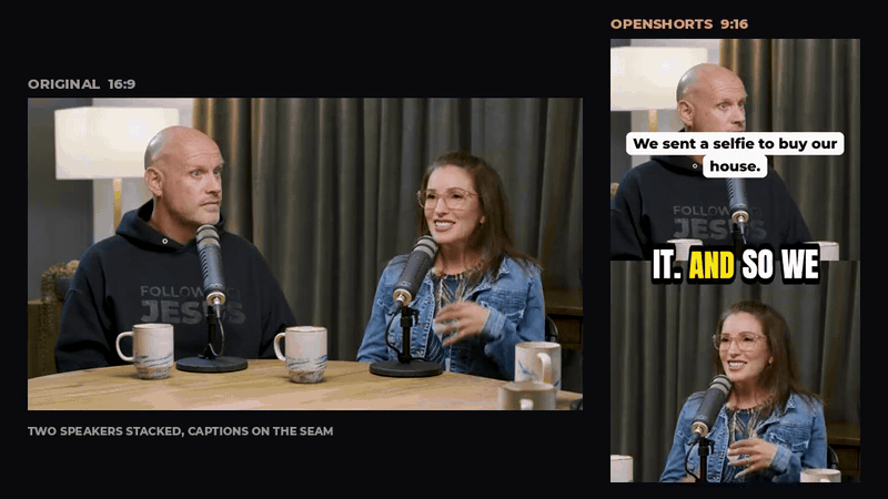 Your podcast, and the vertical clip OpenShorts makes of it: both speakers stacked, captions on the seam