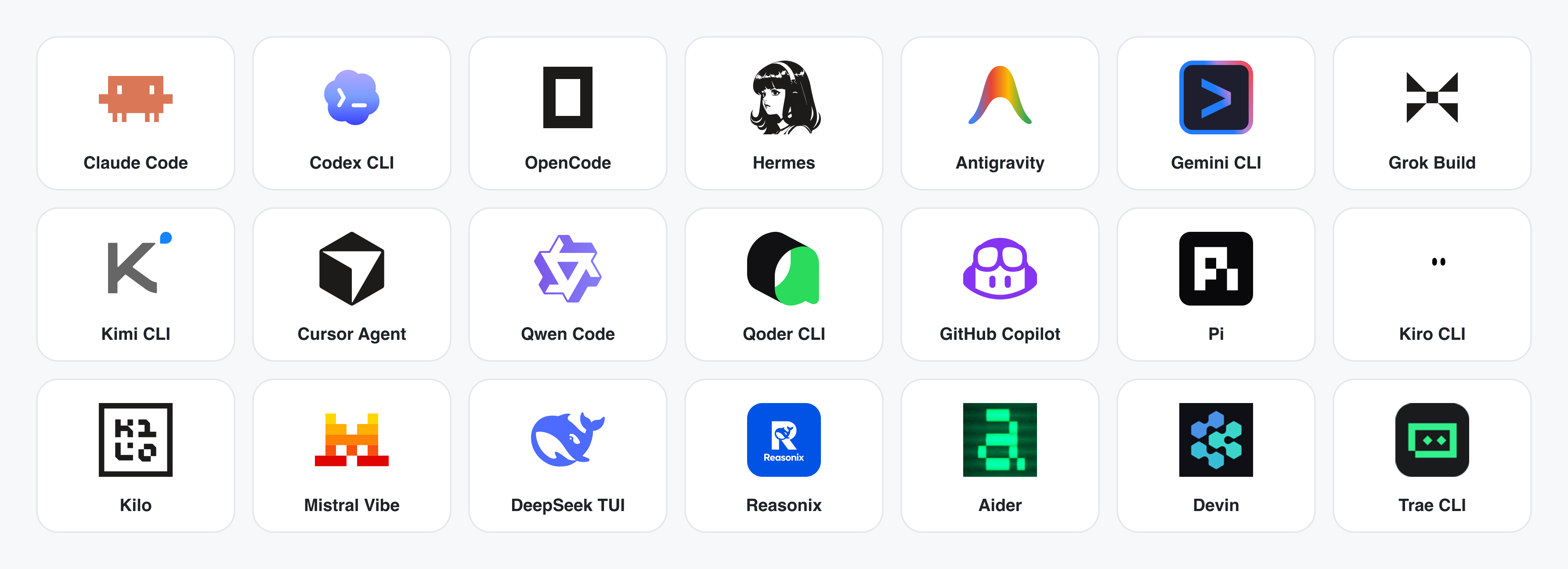 https://github.com/nexu-io/open-design/blob/HEAD/The 26 coding-agent CLIs OpenDesign supports — DeepSeek Harness · Claude Code · Codex · OpenCode · Hermes · Antigravity · Vela · Grok Build · Kimi · Cursor Agent · Qwen · Qoder · GitHub Copilot · Pi · Kiro · Kilo · Mistral Vibe · DeepSeek · Reasonix · Aider · Amp · CodeBuddy · Mimo · AtomCode · Devin · Trae