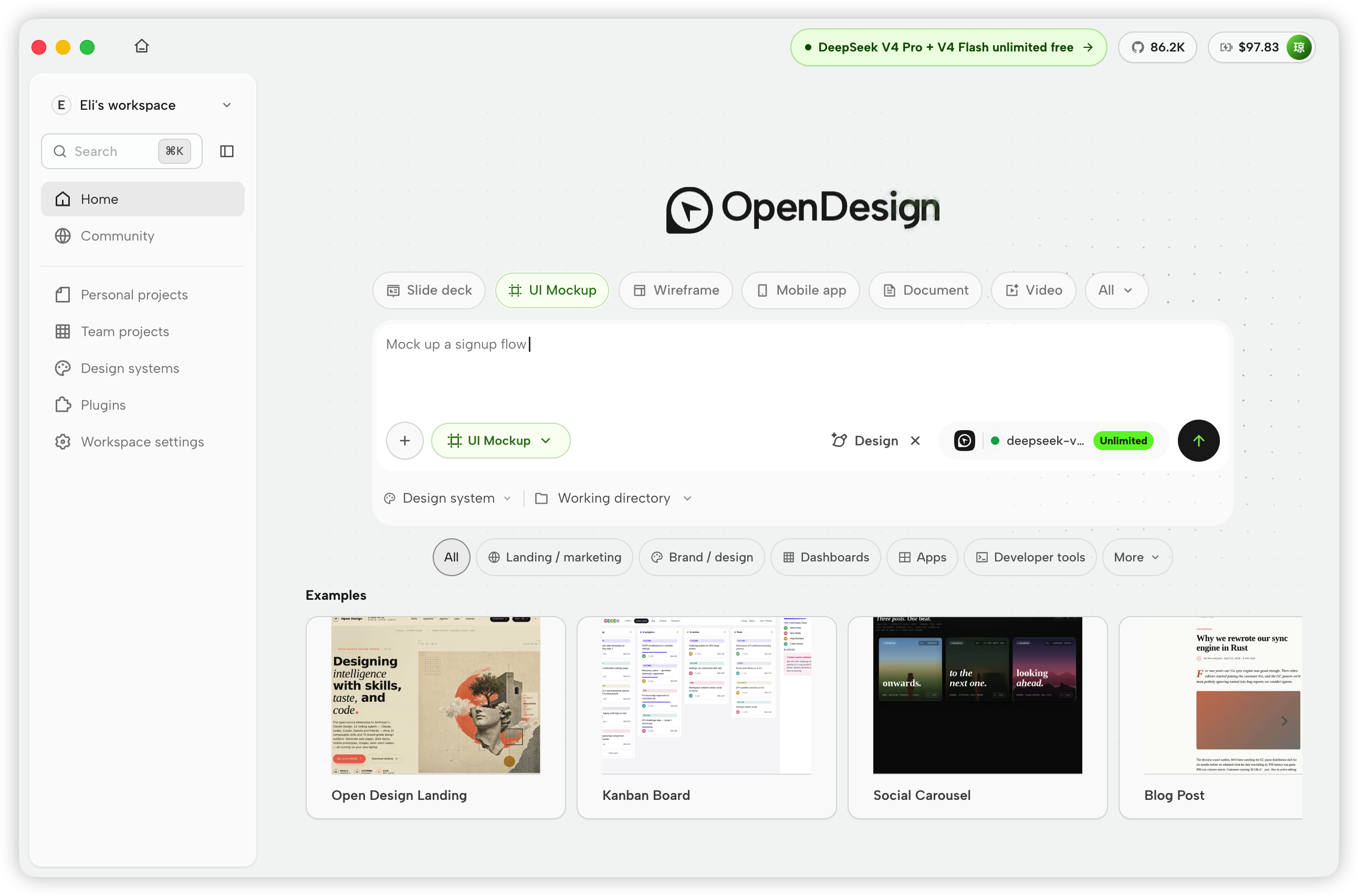 https://github.com/nexu-io/open-design/blob/HEAD/OpenDesign Home page with artifact types, brief composer, model picker, and examples