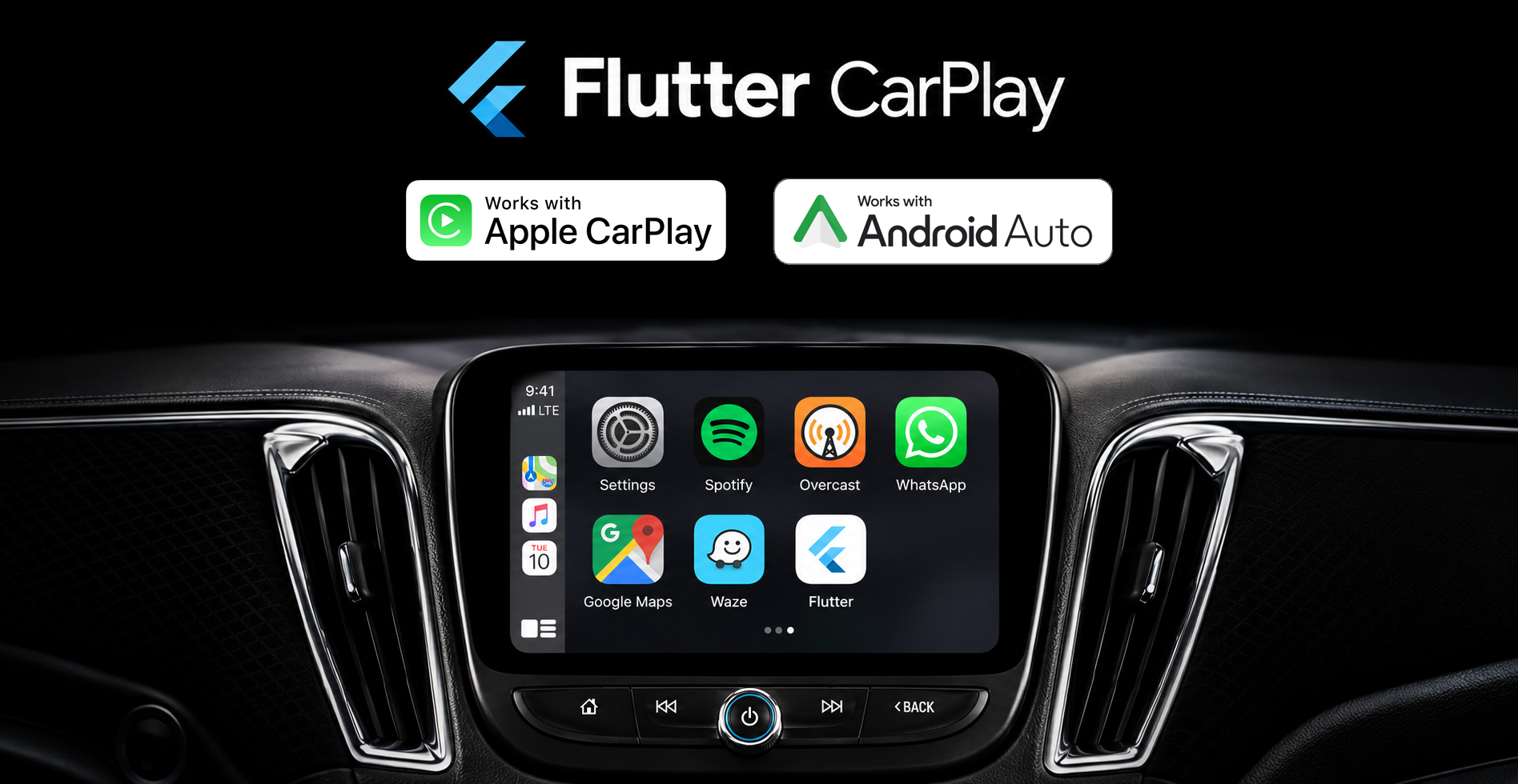 https://github.com/oguzhnatly/flutter_carplay/blob/HEAD/Flutter CarPlay on a physical dashboard, with the original Apple CarPlay and Android Auto compatibility badges.