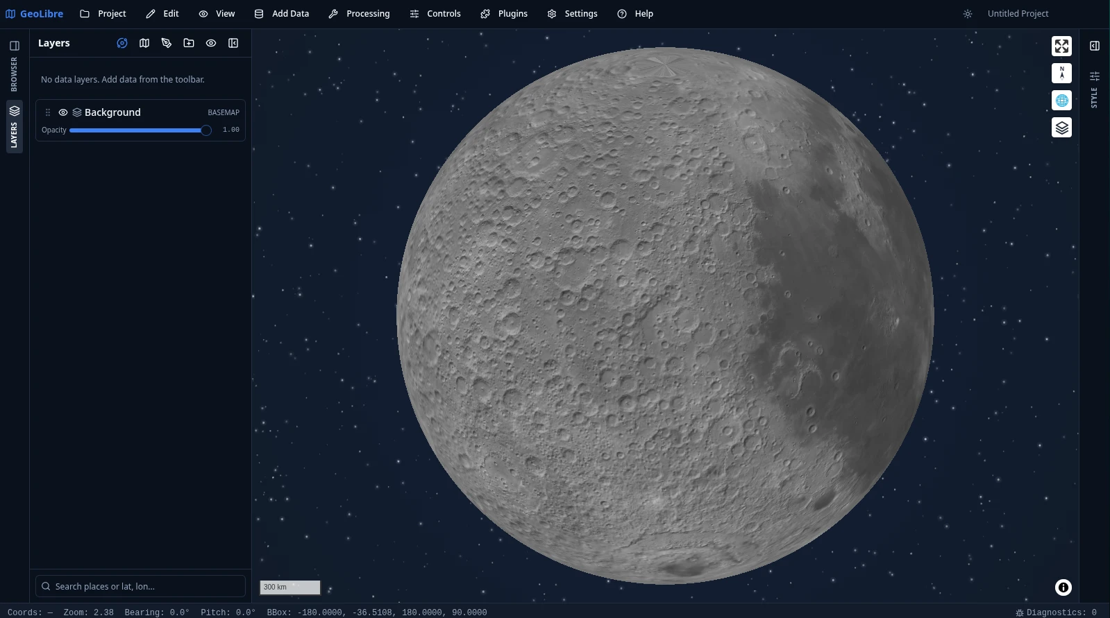 https://github.com/opengeos/GeoLibre/blob/HEAD/GeoLibre globe view of the Moon over a starfield backdrop