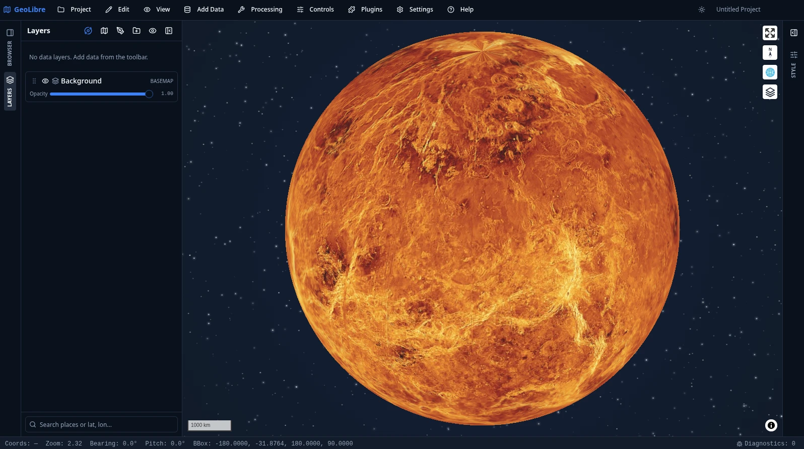 https://github.com/opengeos/GeoLibre/blob/HEAD/GeoLibre globe view of Venus over a starfield backdrop