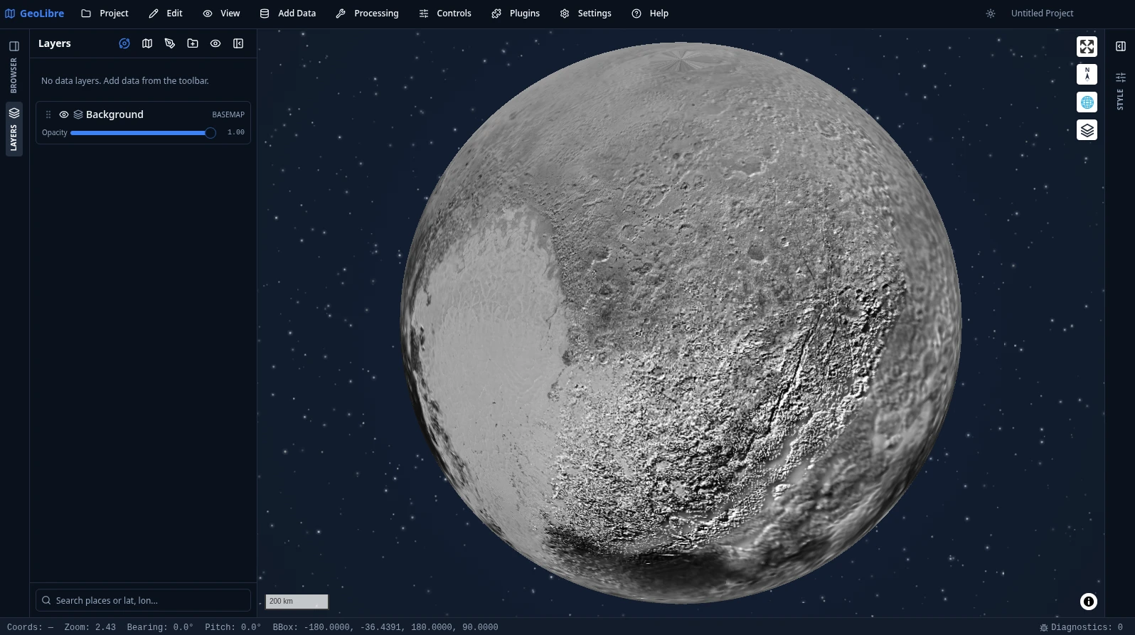 https://github.com/opengeos/GeoLibre/blob/HEAD/GeoLibre globe view of Pluto over a starfield backdrop