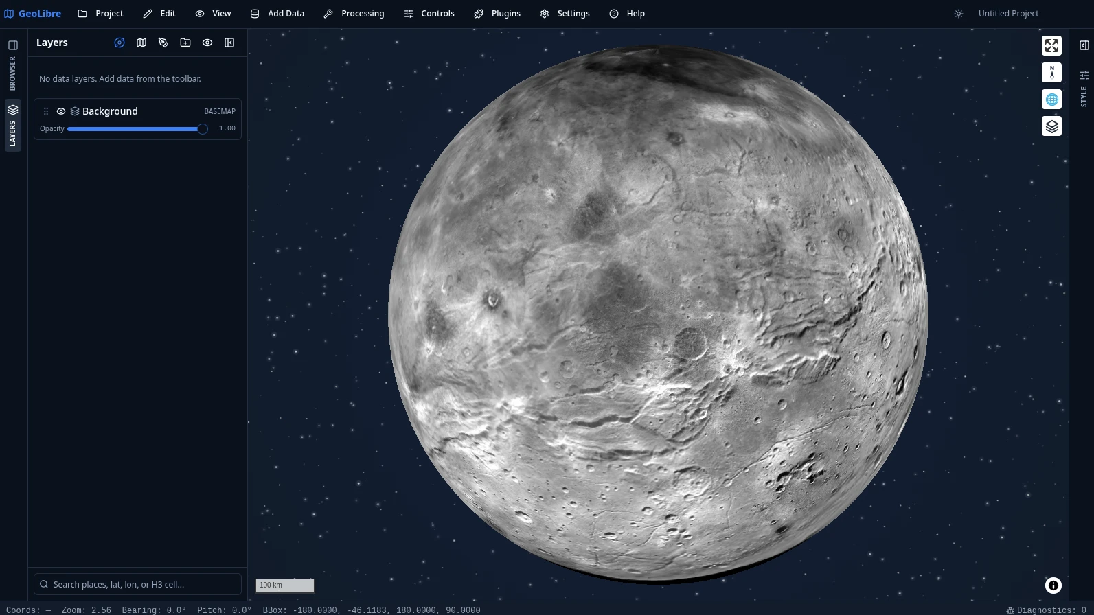 https://github.com/opengeos/GeoLibre/blob/HEAD/GeoLibre globe view of Charon over a starfield backdrop