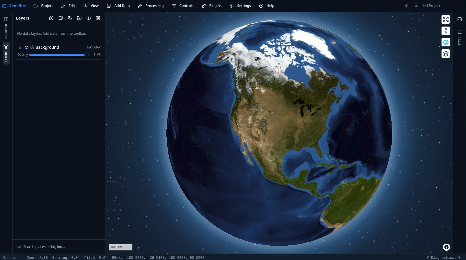 https://github.com/opengeos/GeoLibre/blob/HEAD/GeoLibre globe view of Earth over a starfield backdrop