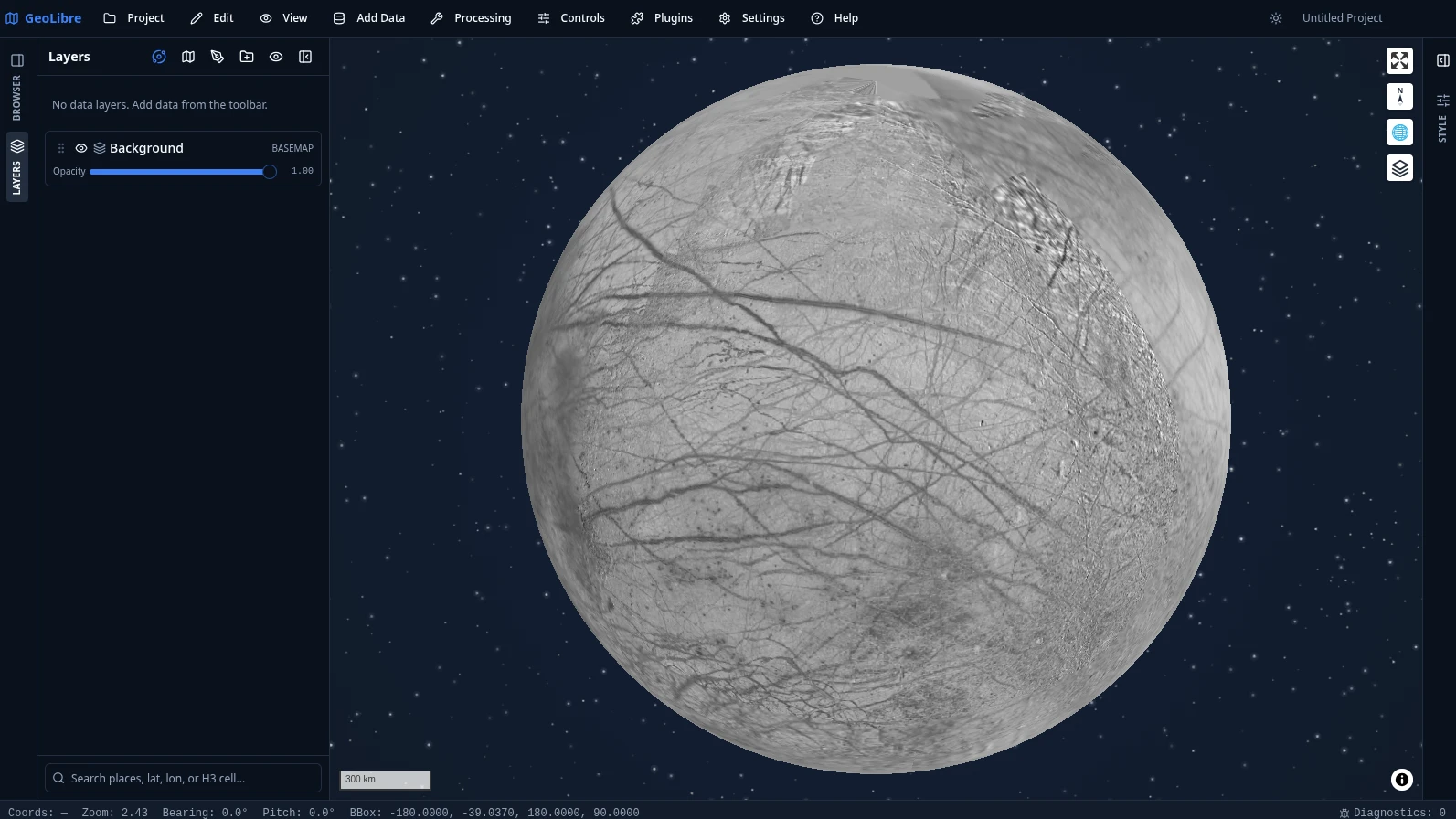 https://github.com/opengeos/GeoLibre/blob/HEAD/GeoLibre globe view of Europa over a starfield backdrop