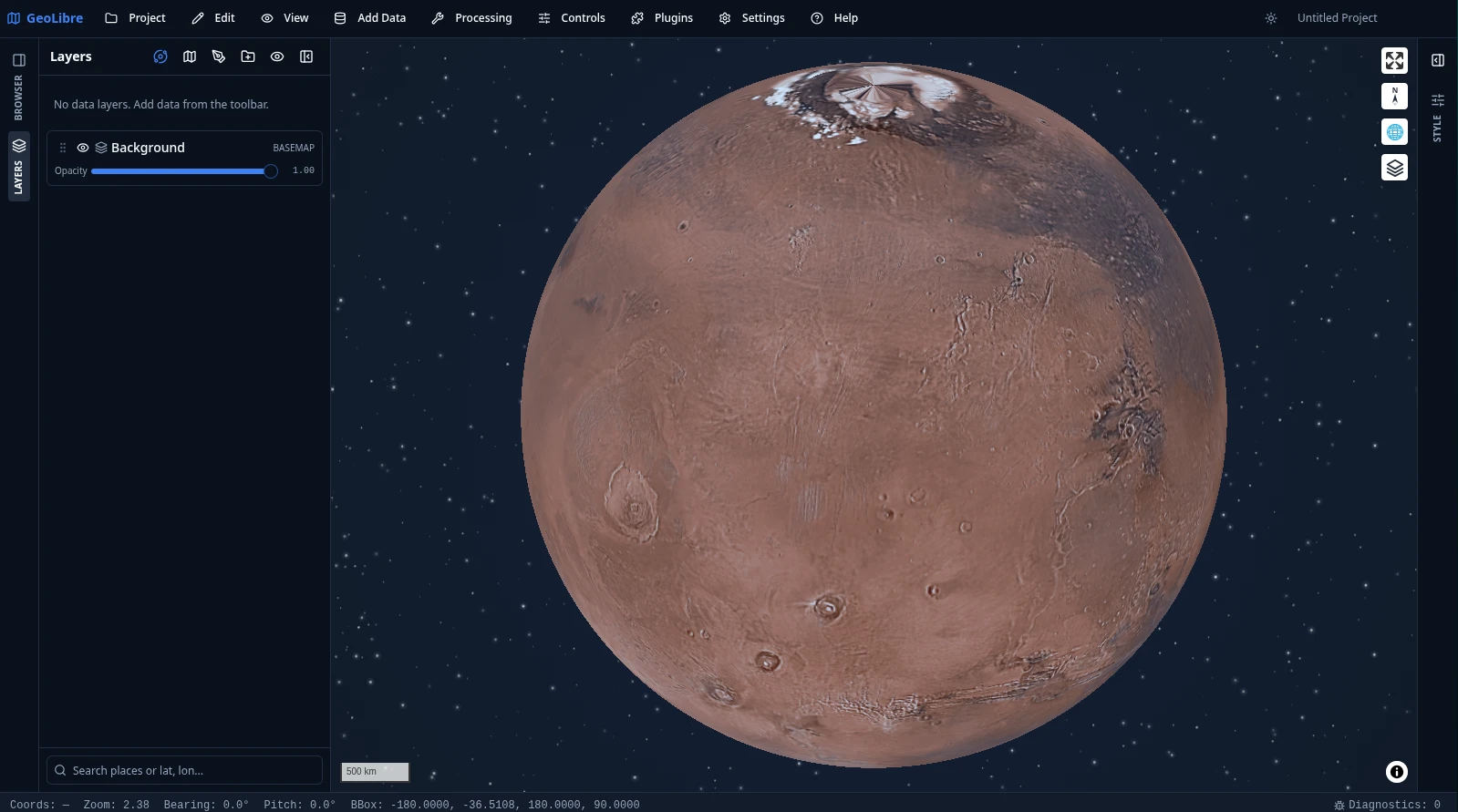 https://github.com/opengeos/GeoLibre/blob/HEAD/GeoLibre globe view of Mars over a starfield backdrop