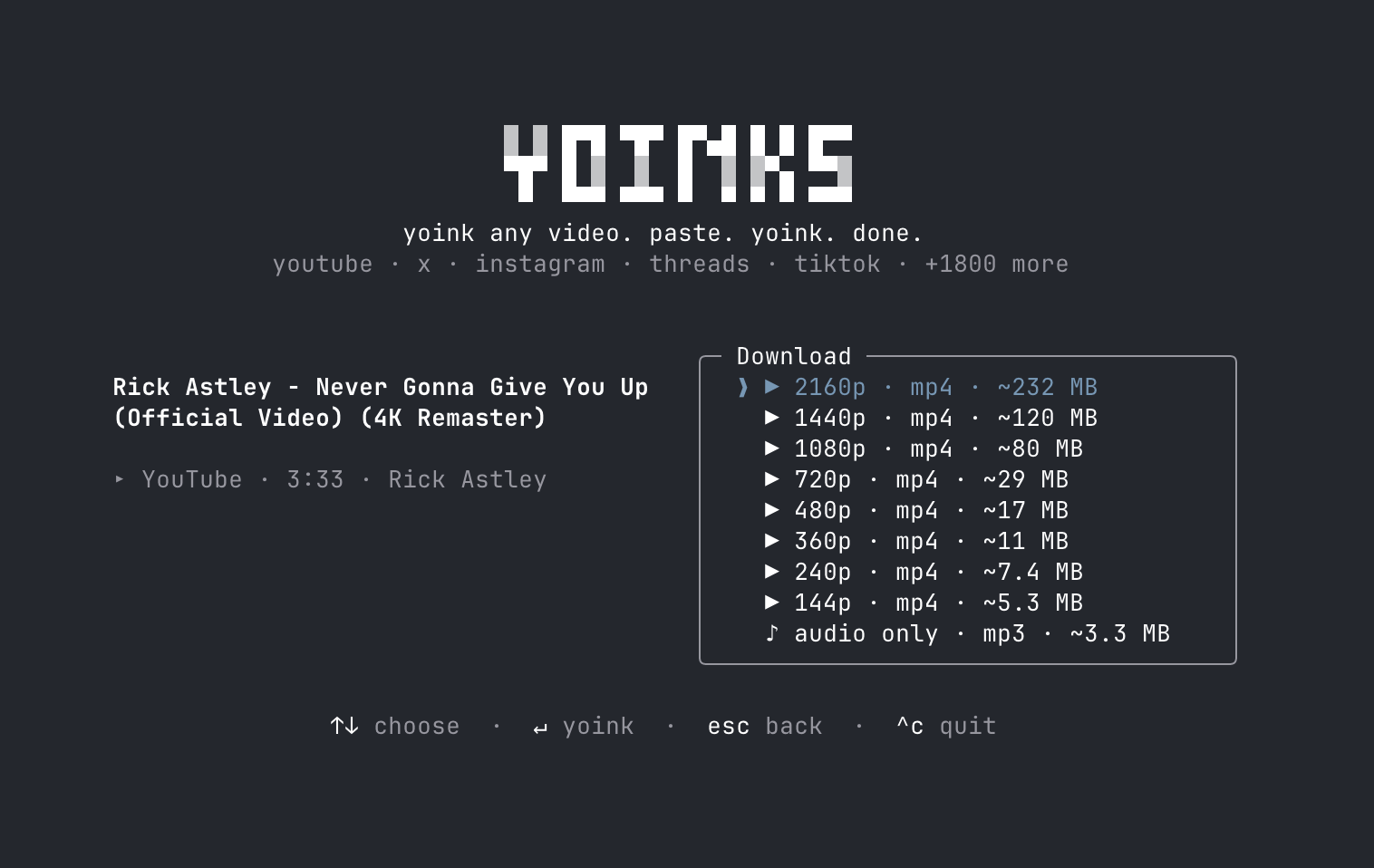 https://github.com/pablostanley/yoinks/blob/HEAD/yoinks format picker — resolutions with estimated file sizes, plus audio-only mp3