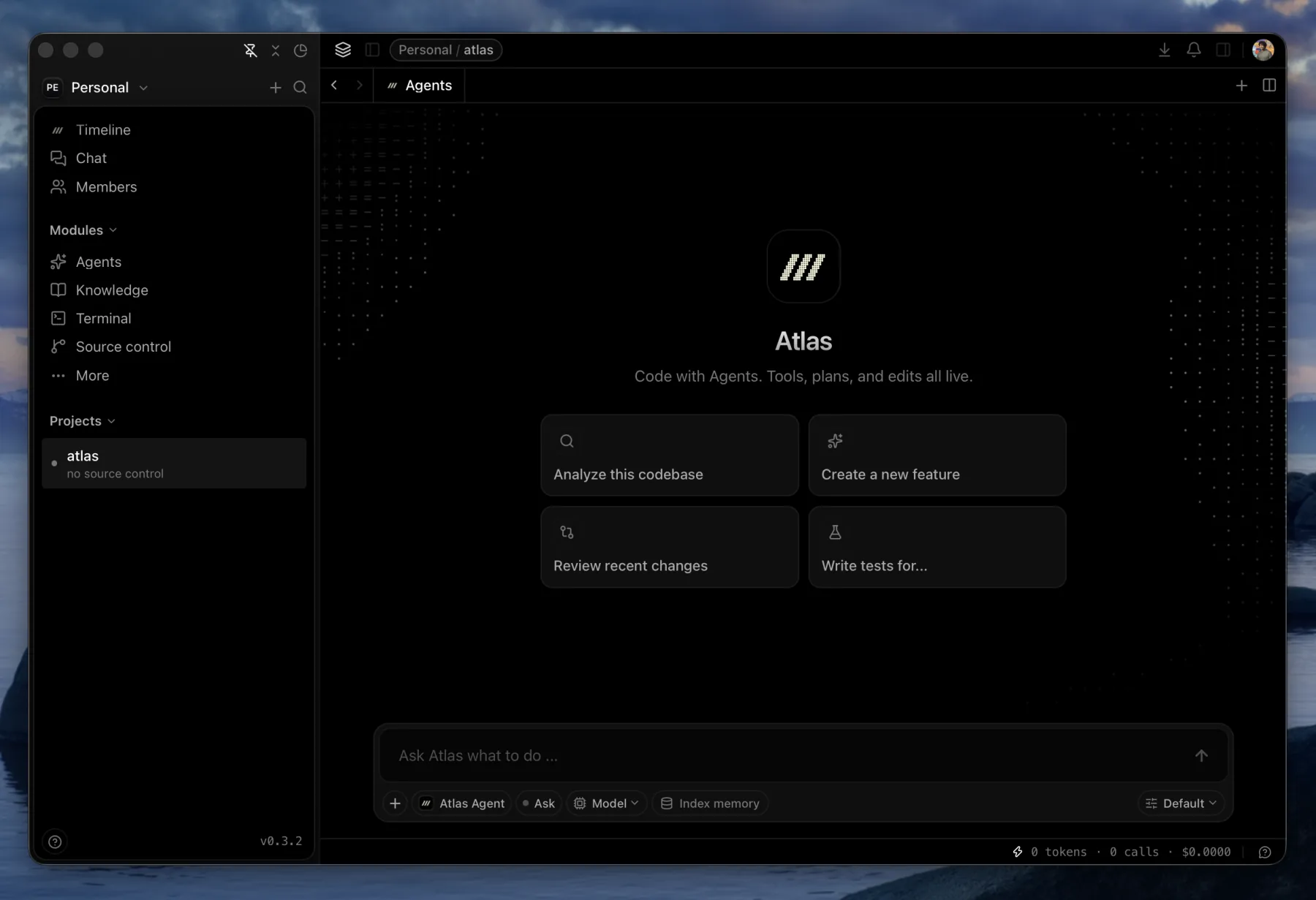 https://github.com/pacifio/atlas/blob/HEAD/Atlas: the Agents tab with the project sidebar and module rail