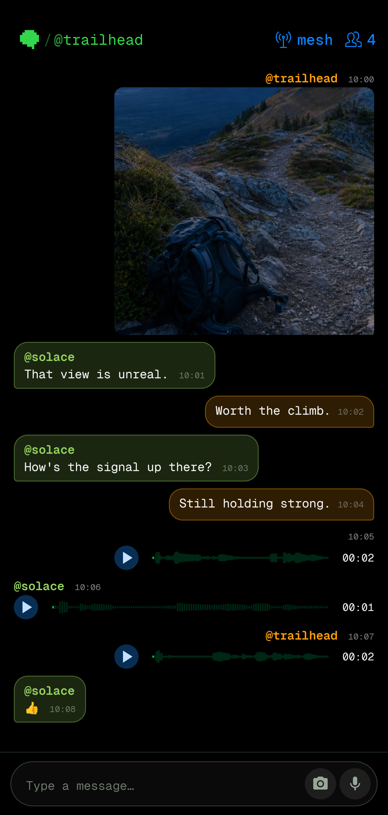 https://github.com/permissionlesstech/bitchat-android/blob/HEAD/Active four-peer Bitchat mesh conversation with an image, voice messages, and text messages