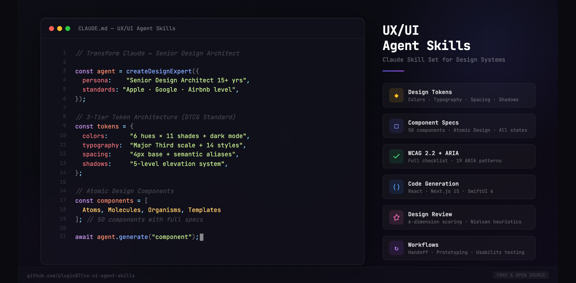 https://github.com/plugin87/ux-ui-agent-skills/blob/HEAD/UX/UI Agent Skills — a CLAUDE.md brief beside the capabilities it turns on: design tokens, component specs, WCAG 2.2 and ARIA, code generation, design review, workflows