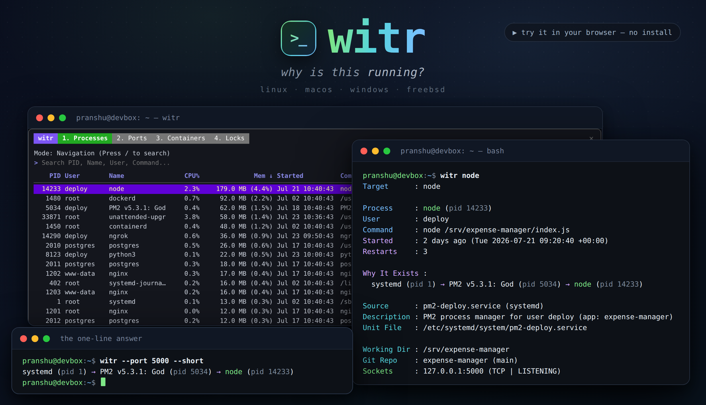 https://github.com/pranshuparmar/witr/blob/HEAD/witr's interactive TUI and CLI answering why a node process is running — the same systemd → PM2 → node chain in both