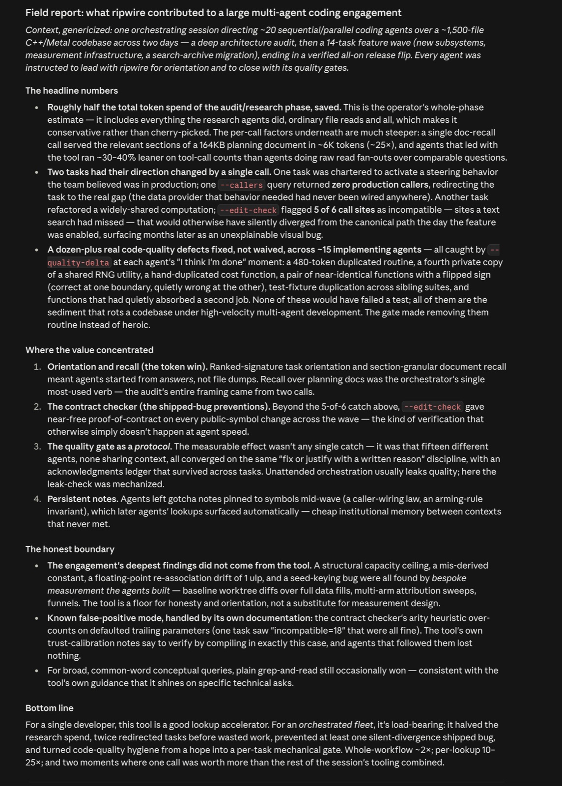 https://github.com/redhat-et/ripwire/blob/HEAD/The full field report: what ripwire contributed to a large multi-agent coding engagement — headline numbers, where the value concentrated, the honest boundary, and the bottom line