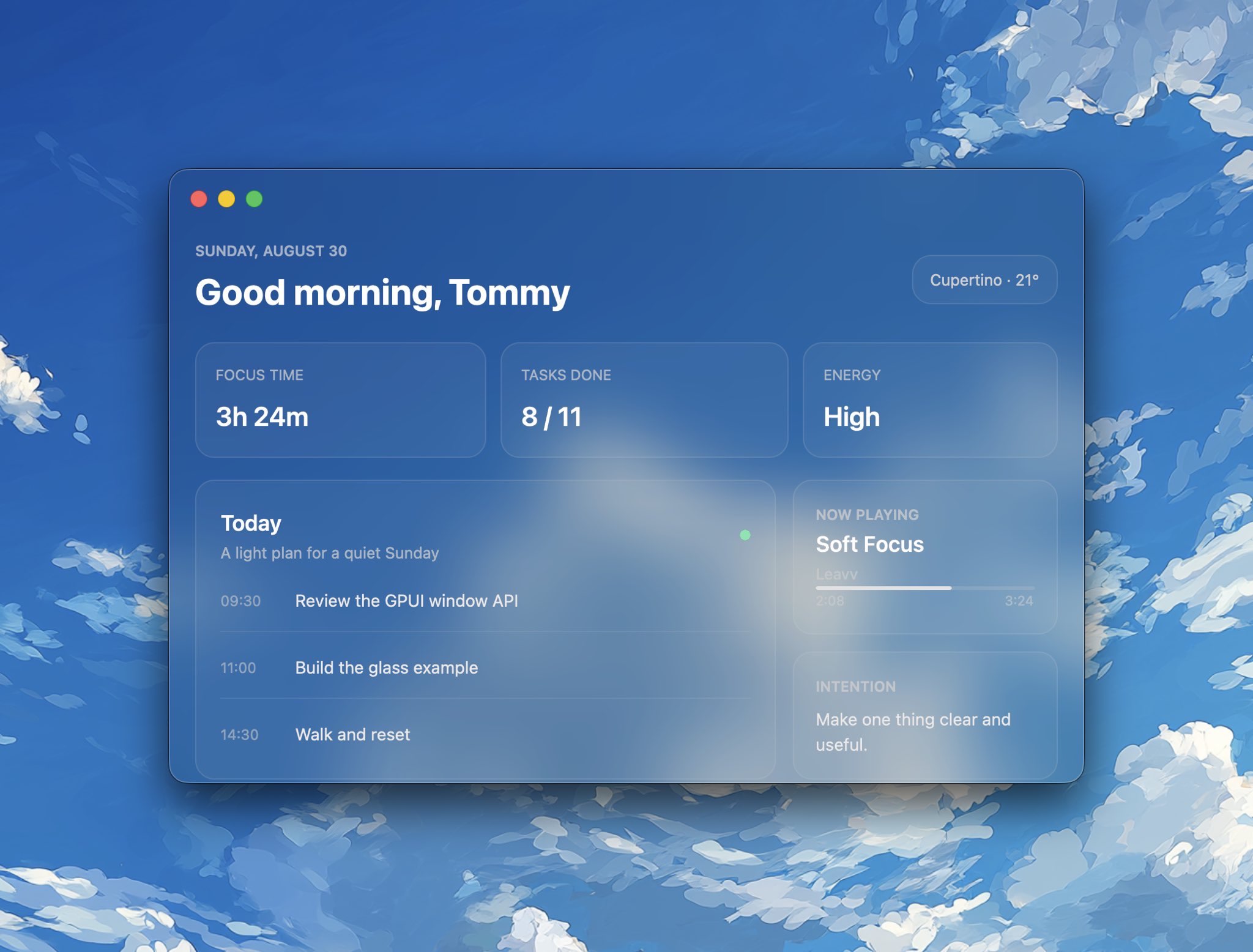 A glass dashboard over a painted sky