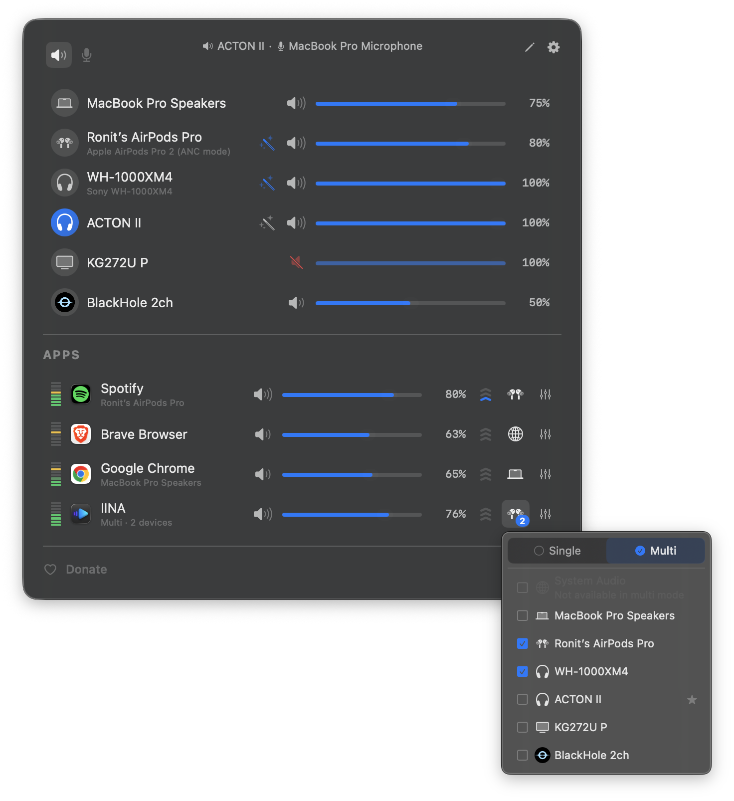 https://github.com/ronitsingh10/FineTune/blob/HEAD/FineTune popup showing per-app volume control, multi-device output routing with picker popover, AutoEQ headphone correction, and device-level volume sliders