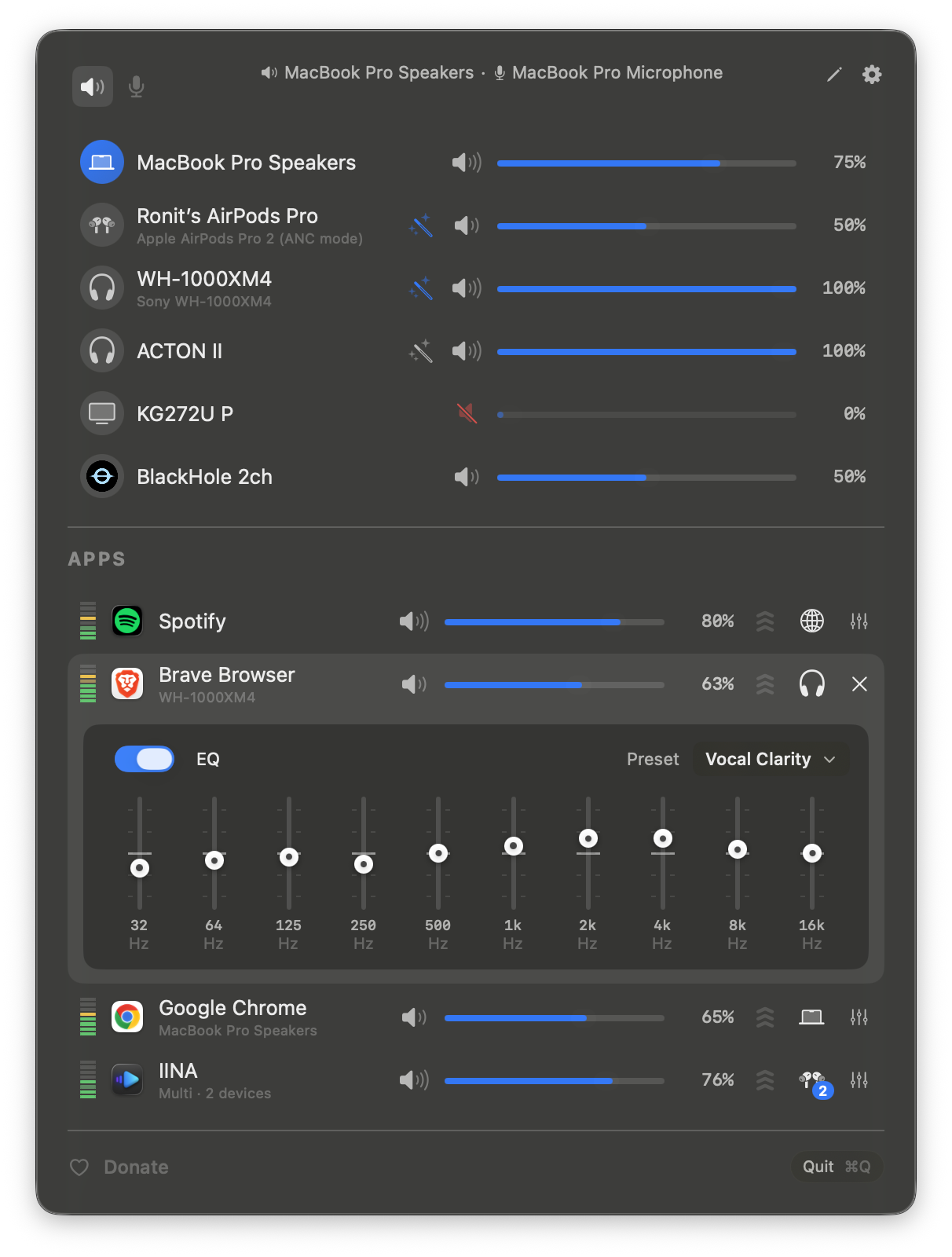 https://github.com/ronitsingh10/FineTune/blob/HEAD/FineTune showing the Brave Browser app row expanded with the EQ panel open and a Vocal Clarity preset selected