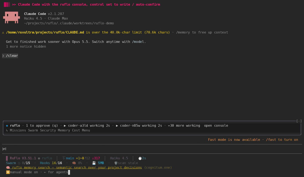 https://github.com/ruvnet/ruflo/blob/HEAD/Claude Code with the ruflo console beside it: Claude sets a mission goal, creates the mission and opens the Learning, Security and Overview pages through the console tools; the Claude control dashboard logs each action; swarm-stop is refused because it needs the full level; the person clicks Take back control and the next request is refused