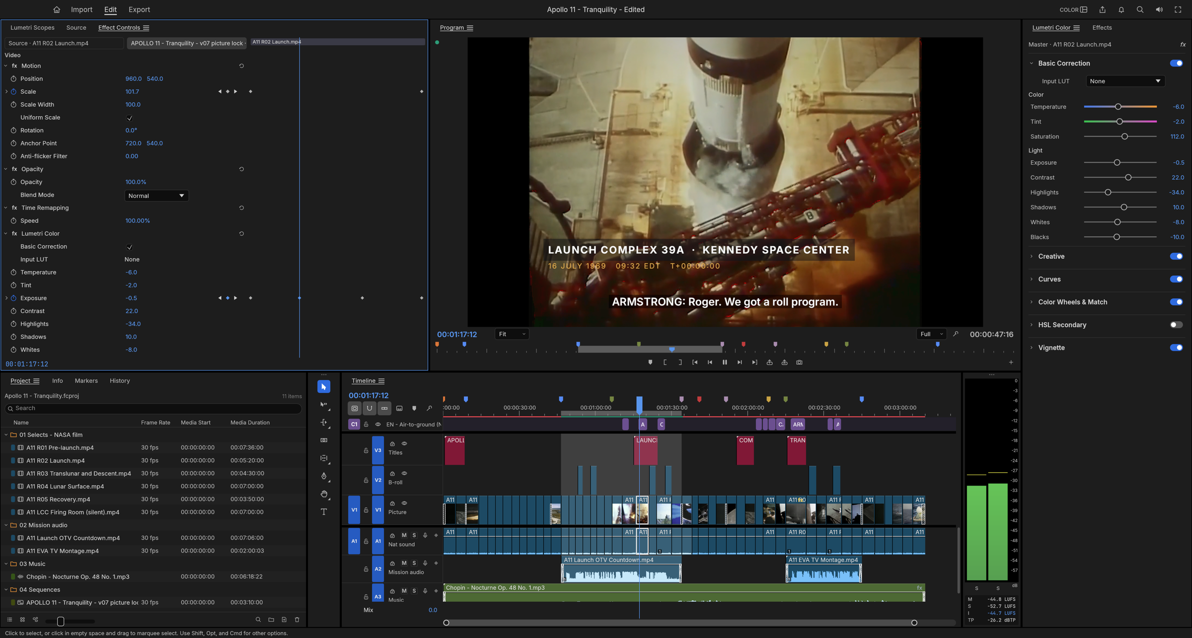 https://github.com/storytold/filmcraft/blob/HEAD/FilmCraft in the Color workspace, mid-way through an Apollo 11 documentary cut from NASA footage: the Program monitor on the Saturn V clearing the launch tower with a Launch Complex 39A lower third and an air-to-ground subtitle, Effect Controls with Lumetri and Scale keyframes on the shot, the Lumetri Color panel, bins of NASA selects, and a timeline with 49 picture cuts, B-roll, titles, a caption track, mission audio, a ducked music bed, named markers, a rendered section and live loudness meters