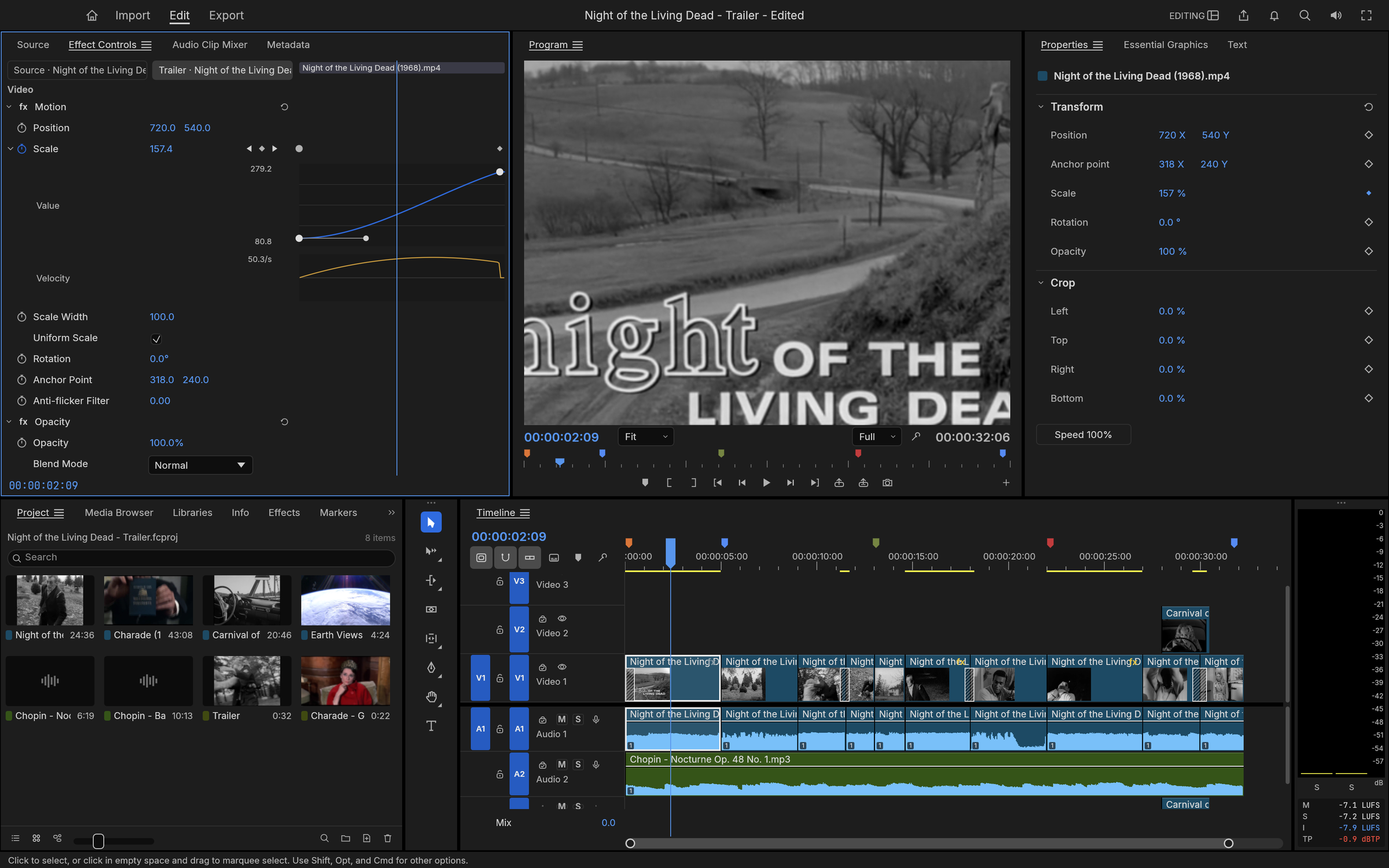 https://github.com/storytold/filmcraft/blob/HEAD/Effect Controls with the value and velocity graphs of an eased Scale push-in on the Night of the Living Dead title card, the Program monitor showing the title over a country road, and the Properties panel with Transform and Crop