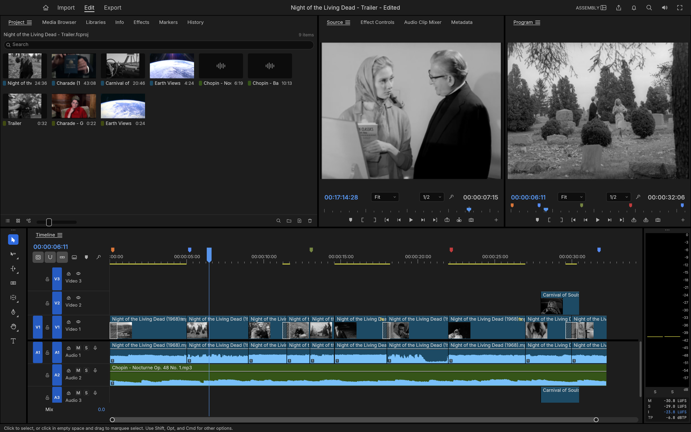 https://github.com/storytold/filmcraft/blob/HEAD/Assembly workspace: bins of film thumbnails, Carnival of Souls in the Source monitor, a Night of the Living Dead cemetery shot in the Program monitor, and the trailer on a three-track timeline with a Chopin score on A2 and loudness meters