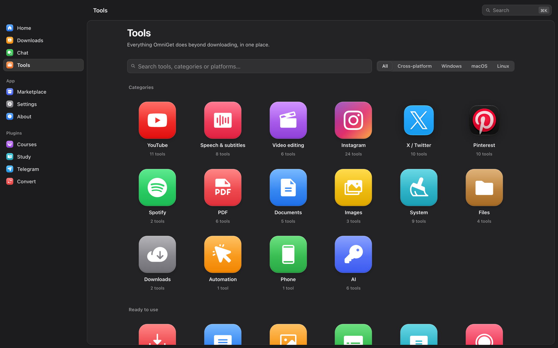 https://github.com/tonhowtf/omniget/blob/HEAD/OmniGet Tools hub with 16 categories: YouTube, Speech and subtitles, Video editing, Instagram, X, Pinterest, Spotify, PDF, Documents, Images, System, Files, Downloads, Automation, Phone and AI