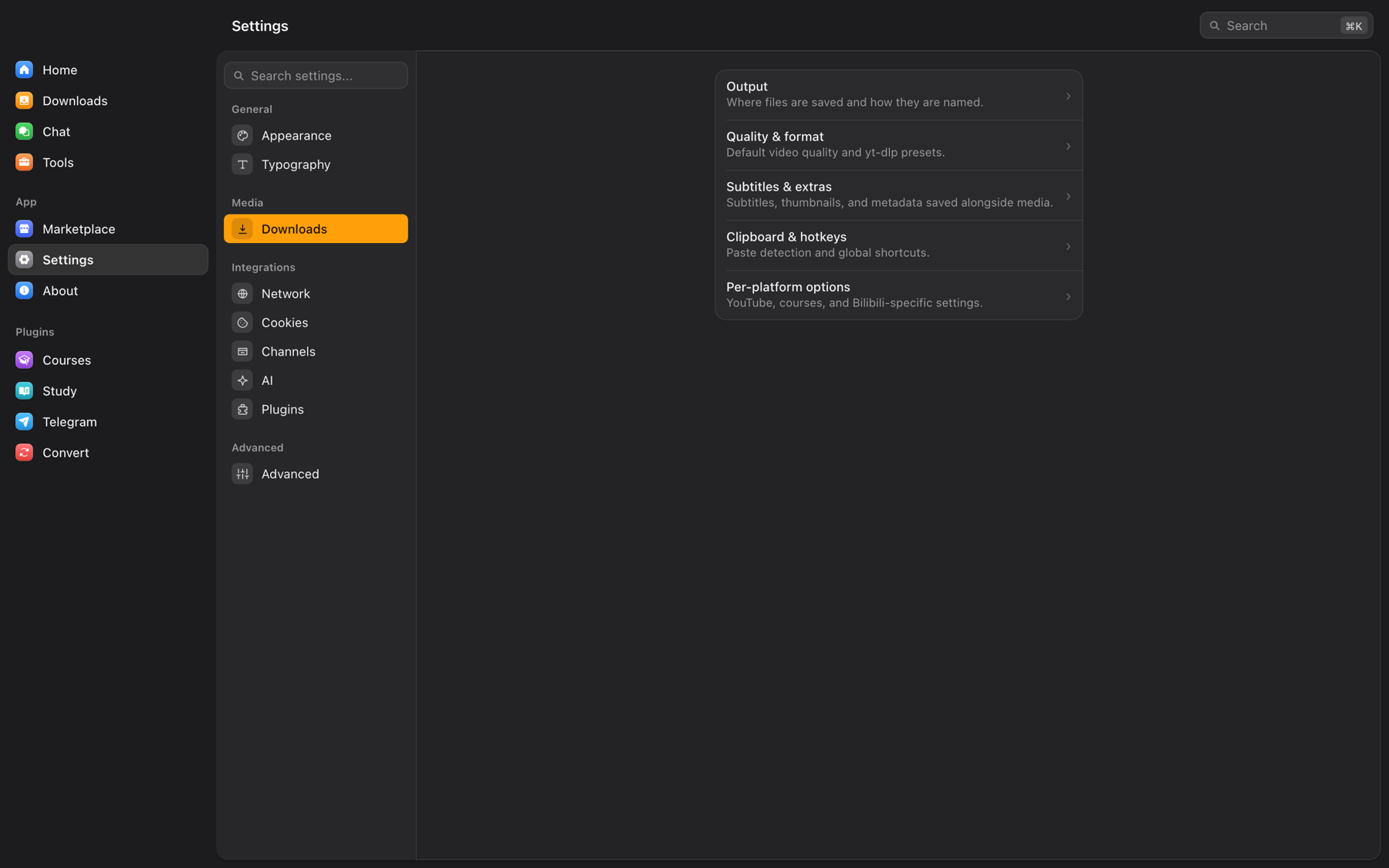 https://github.com/tonhowtf/omniget/blob/HEAD/OmniGet settings: grouped sidebar with Appearance, Downloads, Network, Cookies, Channels, AI, Plugins and Advanced, and a download section with Output, Quality, Subtitles, Clipboard and hotkeys, Per-platform options