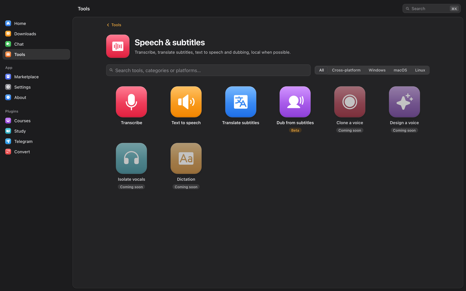 https://github.com/tonhowtf/omniget/blob/HEAD/Speech and subtitles tools in OmniGet: transcribe with whisper.cpp, text to speech, translate subtitles, dub from subtitles, and planned voice cloning, voice design, vocal isolation and dictation