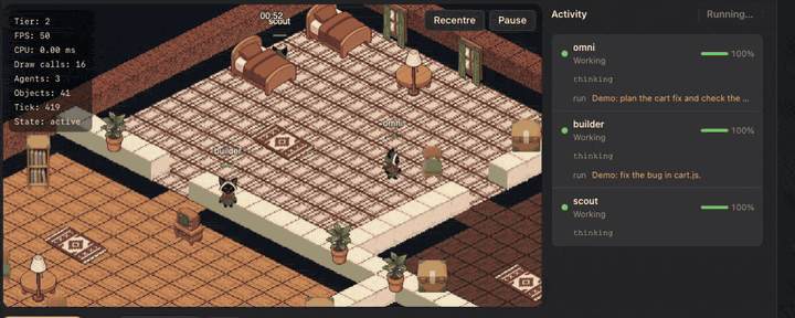 https://github.com/tonhowtf/omniget/blob/HEAD/The OmniGet World in the real app: three agents, Omni, Builder and Scout, walk to different workbenches in an isometric house, each with a balloon naming the tool it is running, next to an Activity panel listing who is doing what