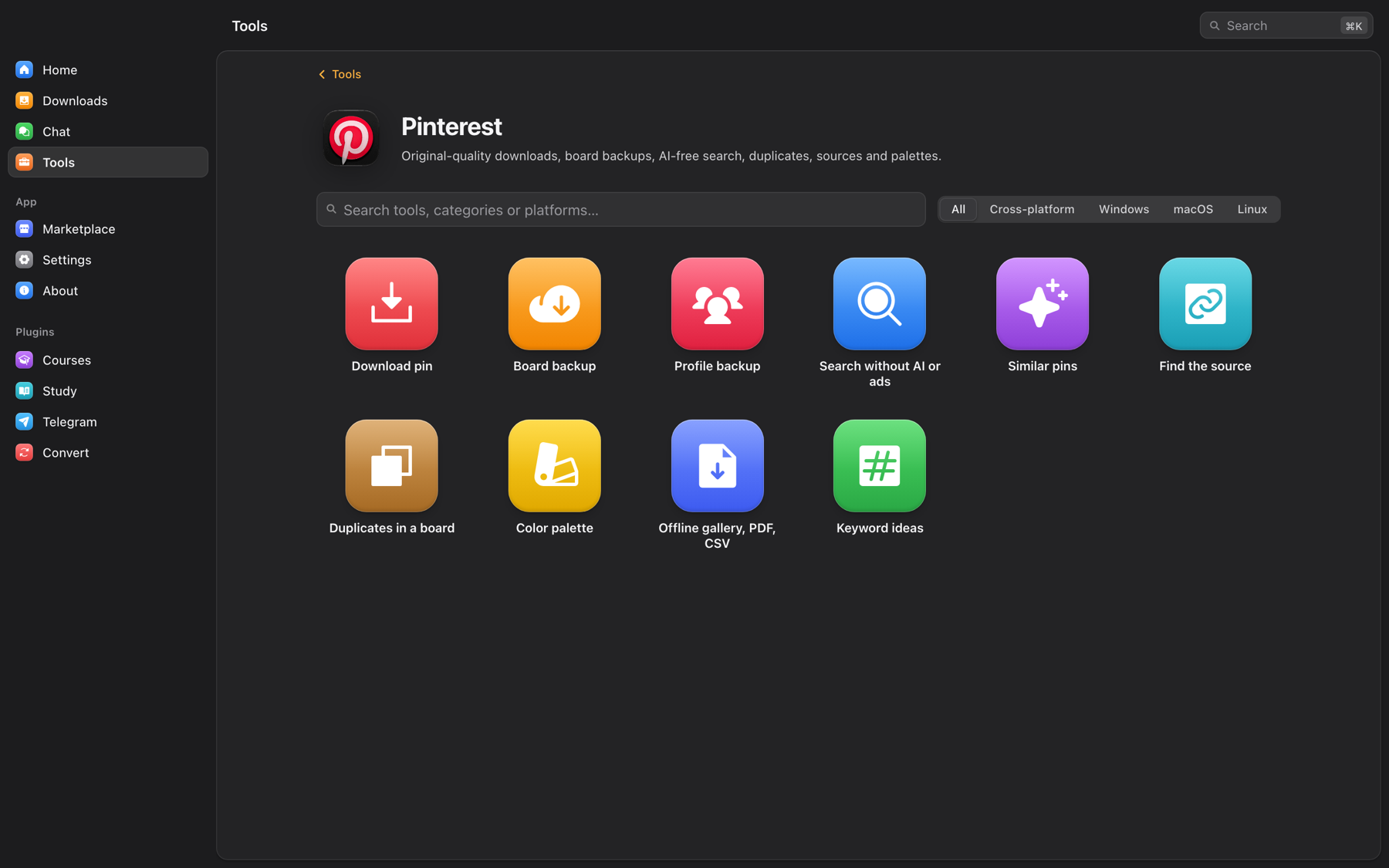 https://github.com/tonhowtf/omniget/blob/HEAD/Pinterest tools in OmniGet: download pin, board backup, profile backup, search without AI or ads, similar pins, find the source, duplicates, color palette, offline gallery and keyword ideas