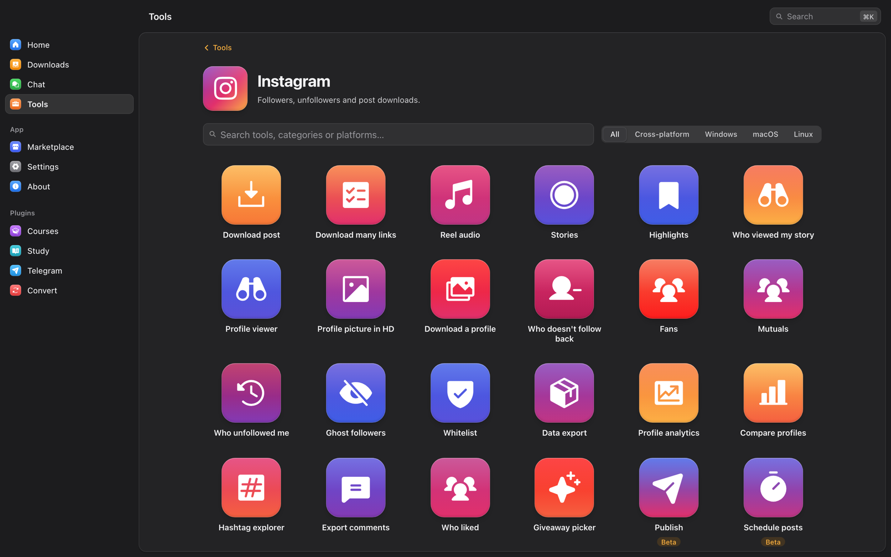 https://github.com/tonhowtf/omniget/blob/HEAD/Instagram tools in OmniGet: download post, bulk download, reel audio, stories, highlights, story viewers, profile viewer, HD avatar, profile download, unfollowers, fans, mutuals, who unfollowed, ghost followers, whitelist, data export, analytics, compare profiles, hashtag explorer, comments, likers, giveaway picker, publish and schedule