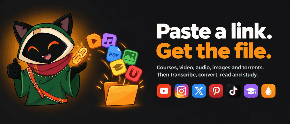 https://github.com/tonhowtf/omniget/blob/HEAD/OmniGet: paste a link, get the file. Loop, the mascot, sends video, music, PDF, image, course and torrent files into a folder. Courses, video, audio, images and torrents, then transcribe, convert, read and study.