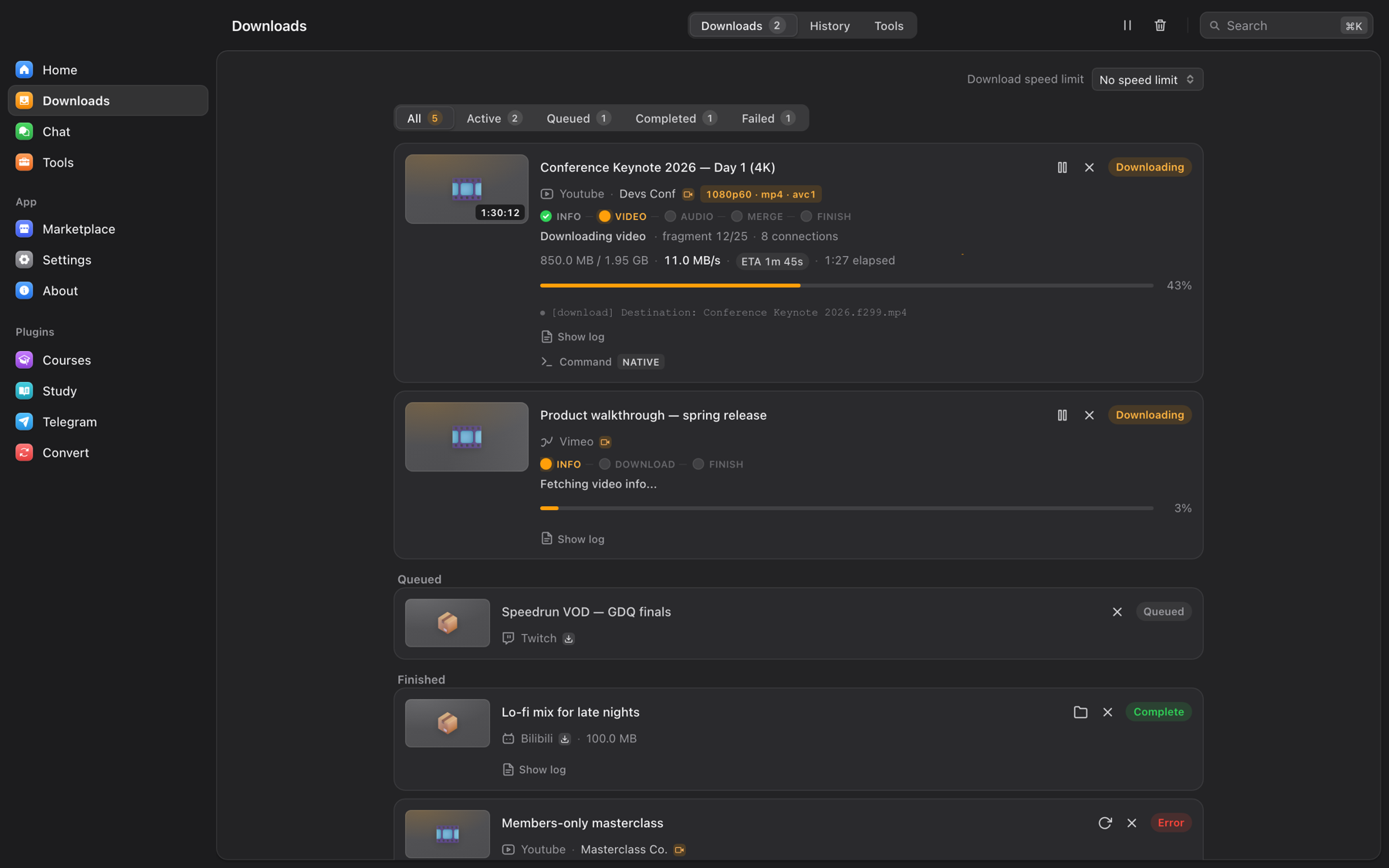 https://github.com/tonhowtf/omniget/blob/HEAD/OmniGet Downloads page with an active 4K YouTube download showing phase, speed, ETA and the exact yt-dlp command, plus queued and finished items