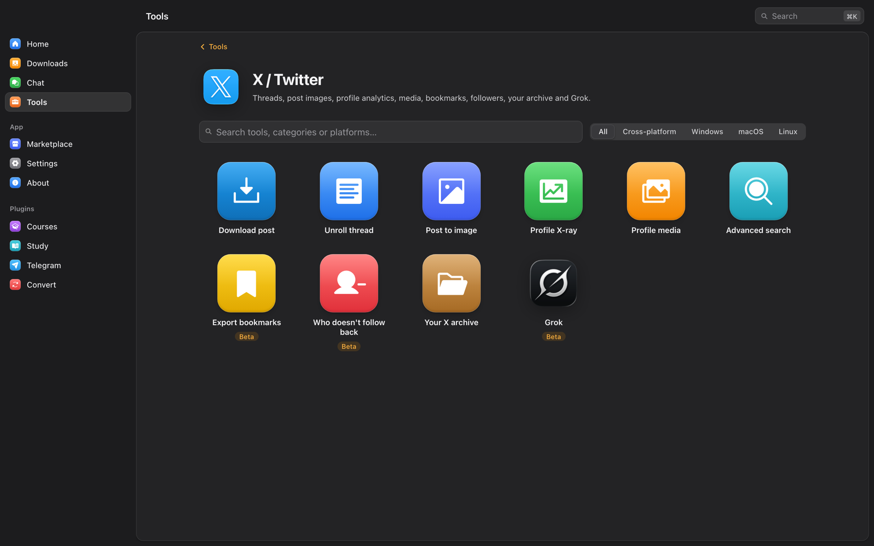 https://github.com/tonhowtf/omniget/blob/HEAD/X / Twitter tools in OmniGet: download post, unroll thread, post to image, profile X-ray, profile media, advanced search, export bookmarks, who doesn't follow back, your X archive and Grok
