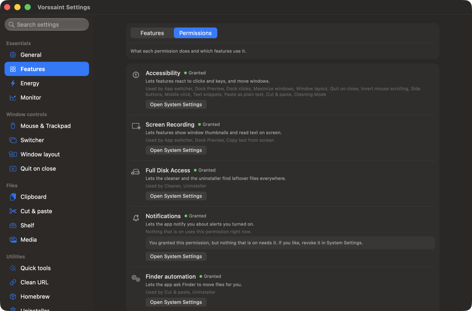 https://github.com/vorssaint/vorssaint-utils/blob/HEAD/The Permissions page showing what each permission does, which features use it, and an unused permission warning