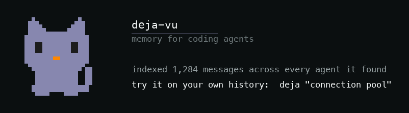 https://github.com/vshulcz/deja-vu/blob/HEAD/What deja prints after the first index: the mark, the agents it found, and a query taken from your own history